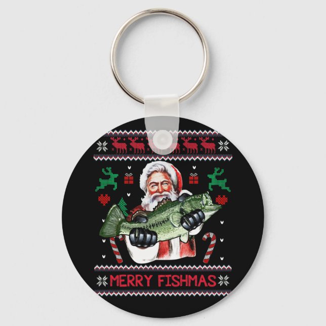 Llavero Merry Fishmas Santa Fishing Navidades feos suéter (Anverso)