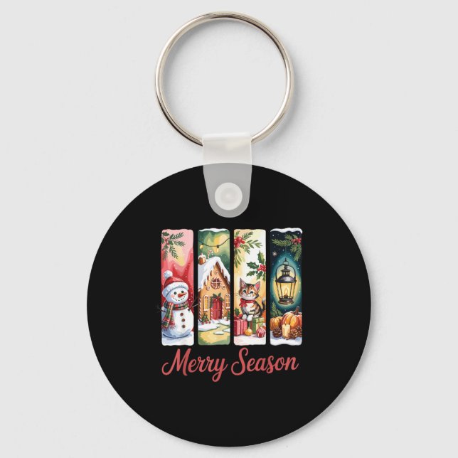 Llavero Merry Season Festive Snowman Cat Gingerbread House (Anverso)