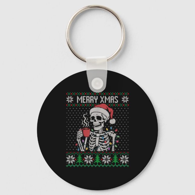 Llavero Merry Xmas Skeleton Ugly Sweater, Skull Wearing Sa (Anverso)