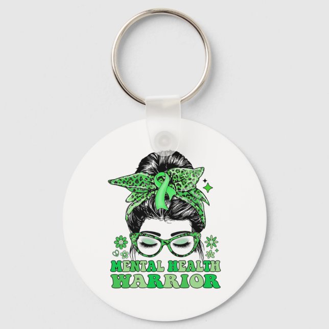 Llavero Messy Bun Leopard Green Ribbon Mental Health Warri (Anverso)