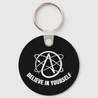 Llavero metálico circular de ateísmo y ciencia.