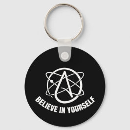 Llavero metálico circular de ateísmo y ciencia.