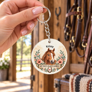 Llavero Mi lugar feliz son los caballos Arte de caballo fl