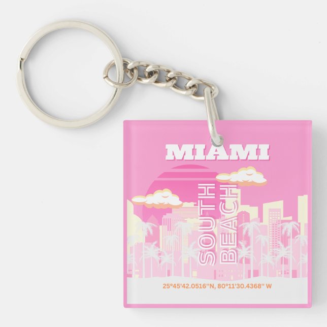 Llavero Miami Beach, Miami Travel Art, Preppy, Pink (Frente)