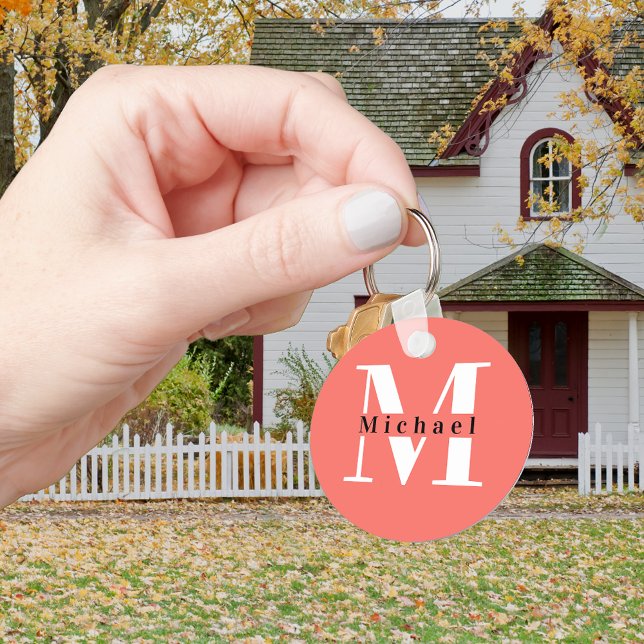 Llavero Mínimo moderno Inicial + Nombre Coral Monograma (Subido por el creador)