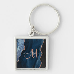 Llavero Moda Azul Rosa Agate Gold Script Monograma Persona