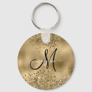 Llavero Moda Black Gold Purpurinas Monograma Nombre