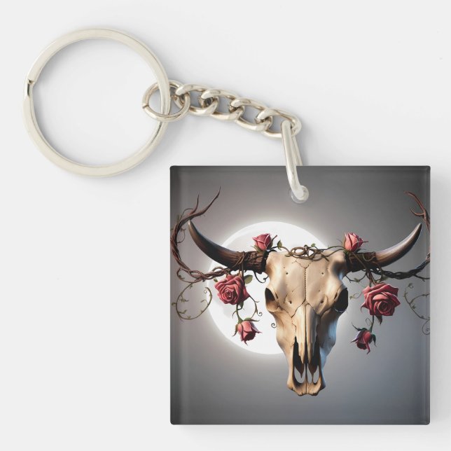 Llavero Moda Boho Acuarela Floral Romántica Cráneo de Vaca (Frente)