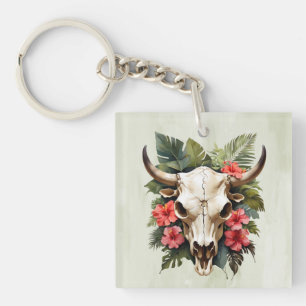 Llavero Moda Boho Acuarela Floral Tropical Cow Skull