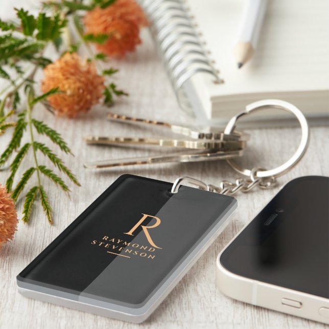 Llavero Moda Elegante Moderno Oro Negro Monogramado (Frente Derecha)