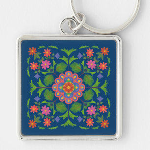 Llavero Moda Floral Rangoli en Deep Blue Square Keychain