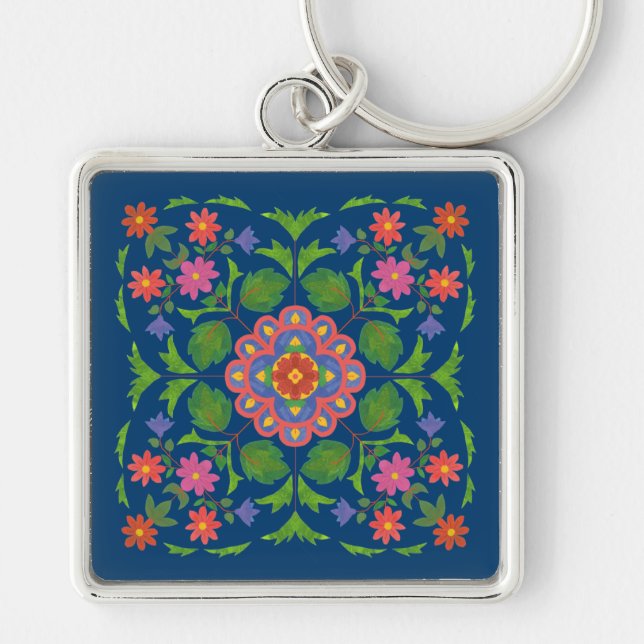 Llavero Moda Floral Rangoli en Deep Blue Square Keychain (Frente)