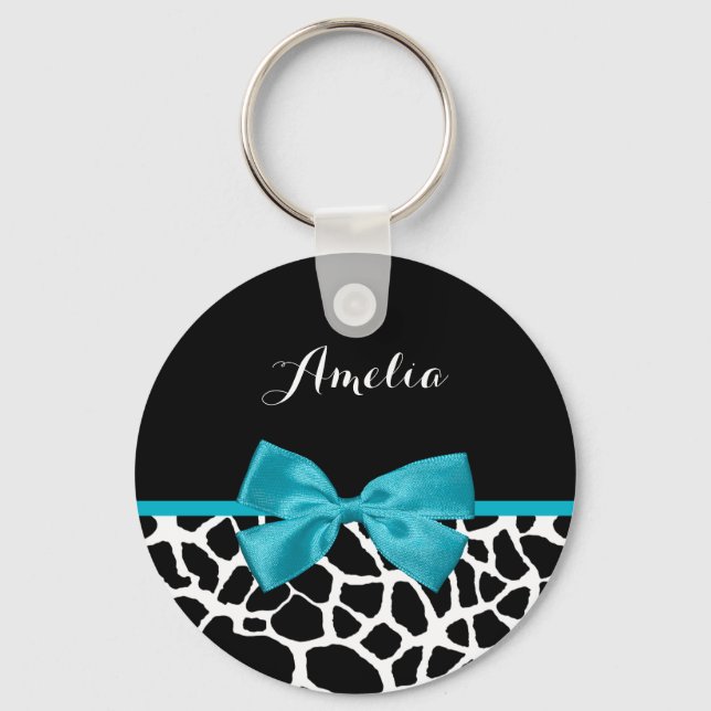 Llavero Moda Giraffe Imprimir Aqua Cinta Azul Bow Con Nomb (Anverso)