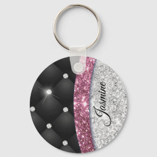Llavero Moda giratoria purpurina plateado monograma rosa n