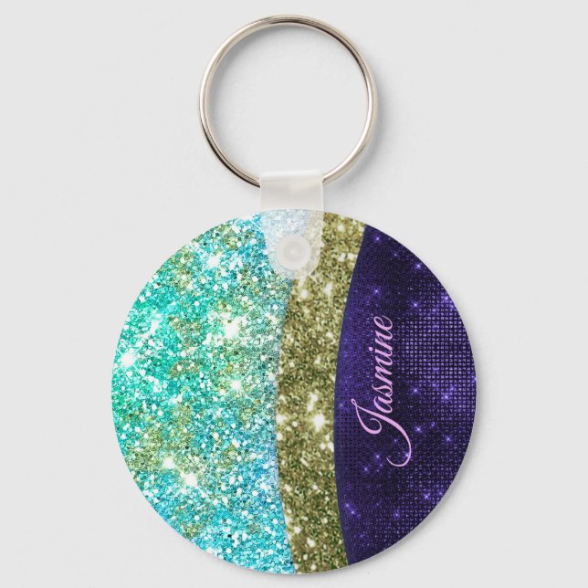 Llavero Moda monograma purpurina iridiscente azul morado (Anverso)