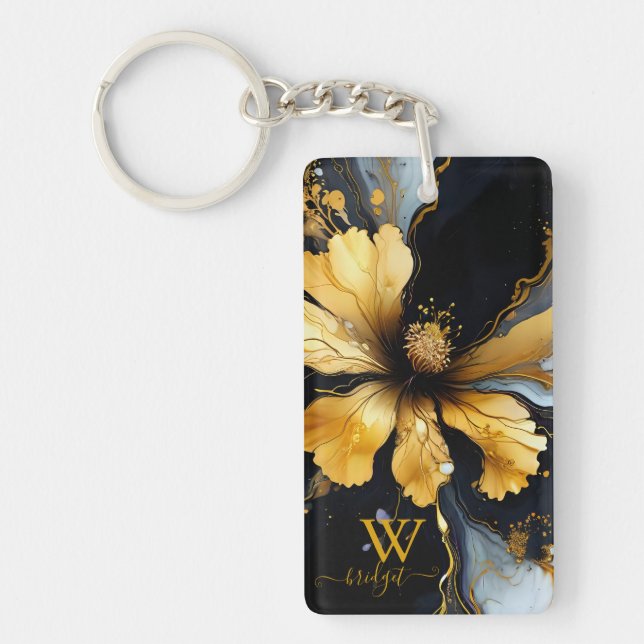 Llavero moda oro negro abstracto floral (Frente)
