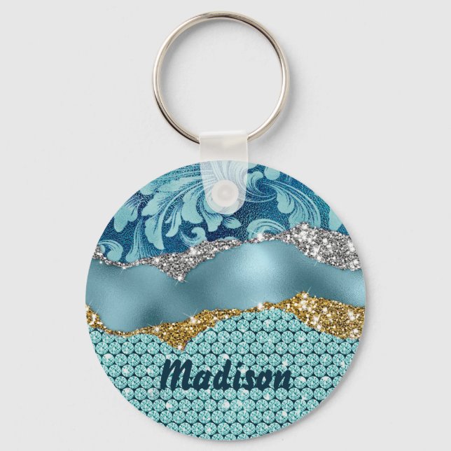 Llavero Moda oro purpurinoso floral Monograma turquesa ver (Anverso)