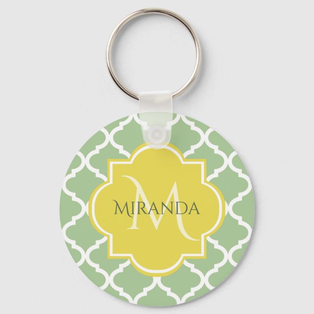 Llavero Moda Pastel Verde Quatrefoil Amarillo Nombre Monog (Anverso)