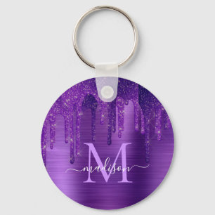 Llavero Moda Purpurina de goteo morado Pincel Monograma Me