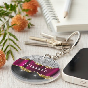 Llavero Moda purpurina falso de plata Fuchsia monograma ne