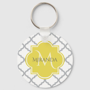 Llavero Moda Quatrefoil gris blanco Monogramo amarillo Nom