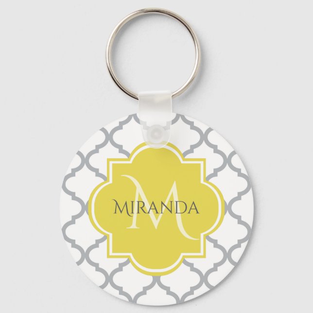 Llavero Moda Quatrefoil gris blanco Monogramo amarillo Nom (Anverso)