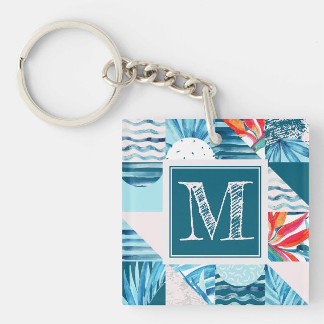 Llavero Modelo abstracto geométrico verde azulado tropical (Frente)