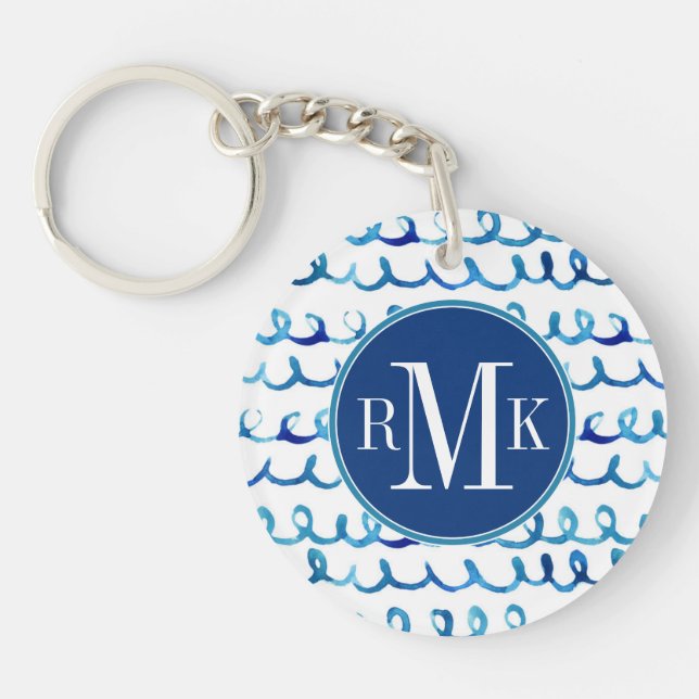 Llavero Modelo ondulado de la acuarela azul pintada a mano (Frente)