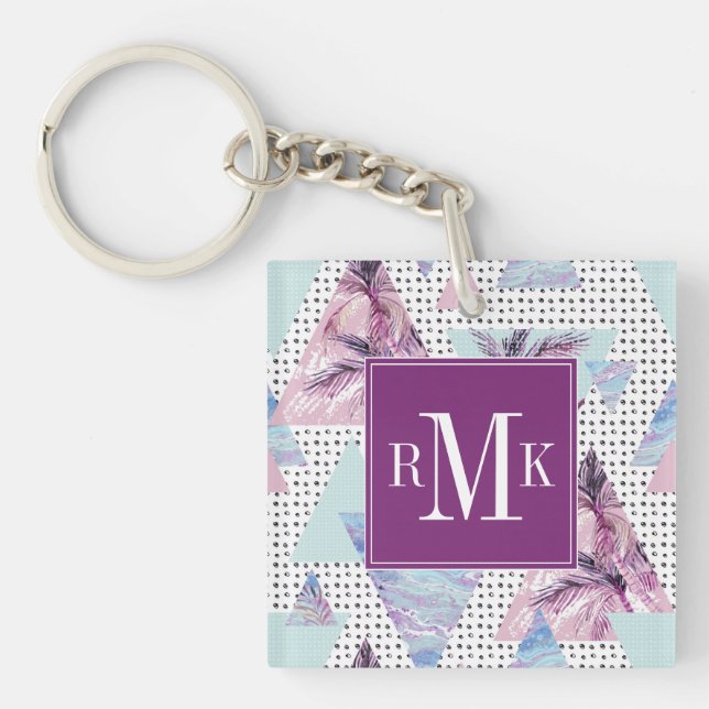 Llavero Modelo rosado y azul de la acuarela de la palmera (Frente)