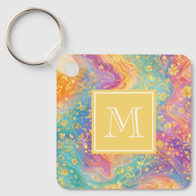 Llavero Modern Abstract Glitter Floral Monogram Design     (Anverso)