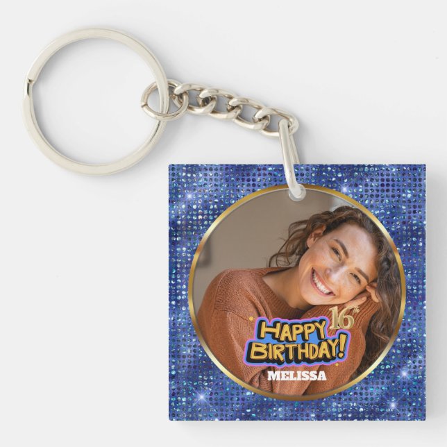 Llavero Modern Blue & Gold Glitter Photo 16th Birthday (Frente)