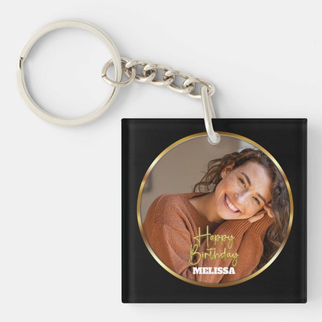 Llavero Modern Elegant Black & Gold Photo Name Birthday (Frente)