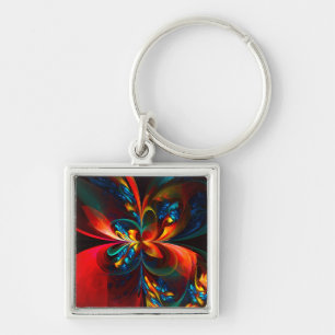 Llavero Modern Floral Resumen Art Naranja Patrón Azul #14