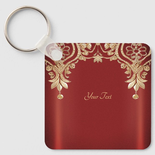 Llavero Modern Gold Red Floral Keychain (Anverso)