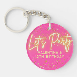 Llavero Modern Hot Pink Neon Glowing Let's Party Birthday