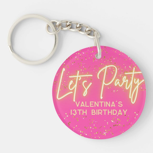 Llavero Modern Hot Pink Neon Glowing Let's Party Birthday (Frente)