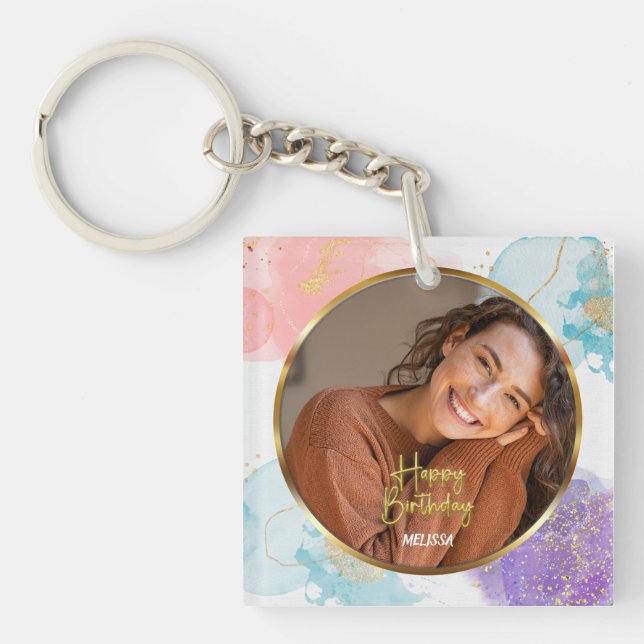 Llavero Modern Pastel and Gold Glitter Photo Name Birthday (Frente)