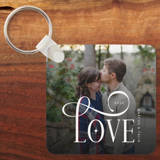 Llavero Modern Script Love Custom Engaged Couples Photo (Anverso)