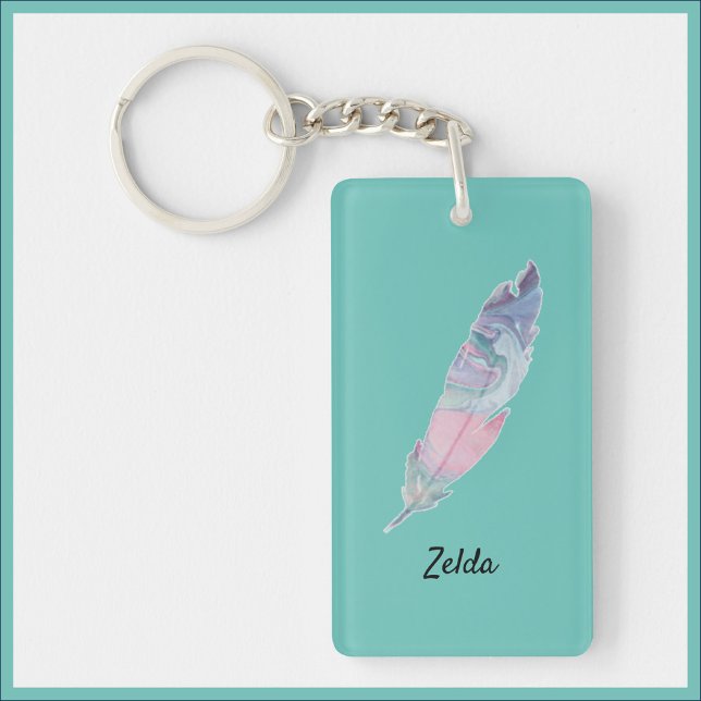 Llavero Moderna pluma Verde azulada y rosa colorida (Subido por el creador)