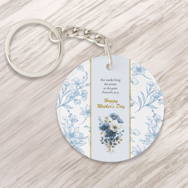 Llavero Moderno Blue Floral White Happy Mothers Day (Subido por el creador)
