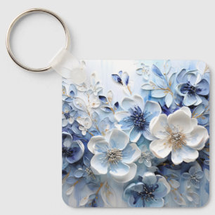 Llavero Moderno Botánico Floral Azul Blanco Elegante