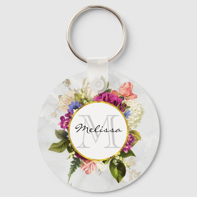 Llavero Moderno color de agua rosa Floral Bouquet Monogram (Anverso)