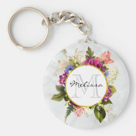 Llavero Moderno color de agua rosa Floral Bouquet Monogram