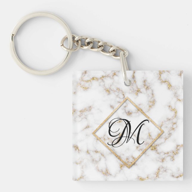 Llavero Moderno y elegante Keychain de Monograma de Mármol (Frente)
