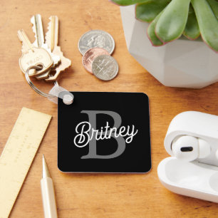 Llavero Moderno y elegante nombre de monograma guión gris 