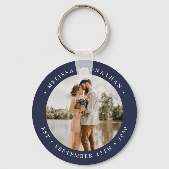 Llavero Moderno y simple Navy Blue Photo Wedding Favor de  (Anverso)