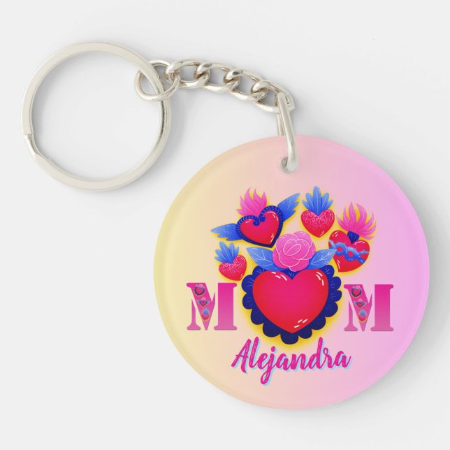 Llavero MOM Corazones rosas de Mamá Editable Nombre (Frente)