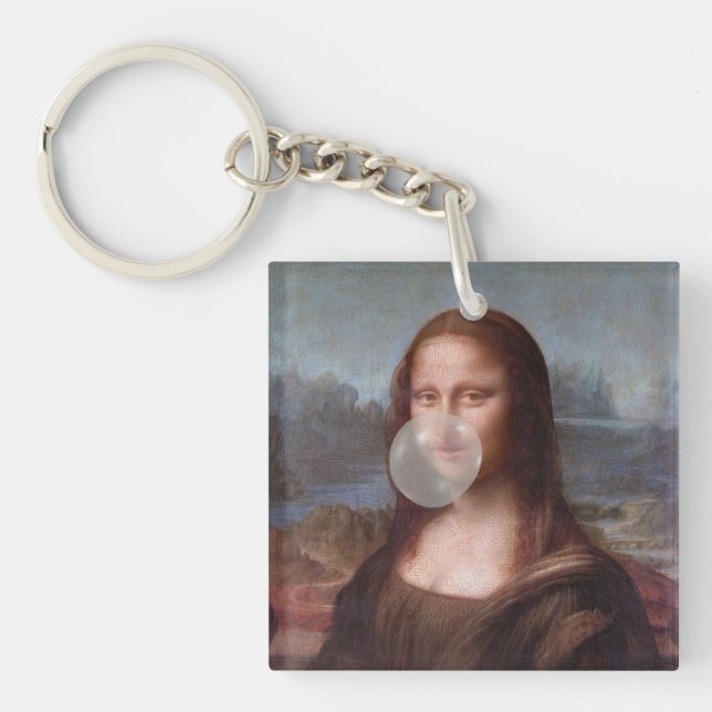 Llavero Mona Lisa soplando chicle de burbuja gris (Frente)