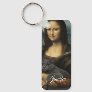 Llavero Mona Lisa sosteniendo un elegante gato gris
