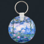 Llavero Monet Pink Water Lilies<br><div class="desc">A Monet pink water lilies button keychain featuring beautiful pink water lilies floating in a calm blue pond with lily pads. A great Monet gift for fans of impressionism and French art. Serene nature impressionism with lovely flowers and scenic pond landscape.</div>